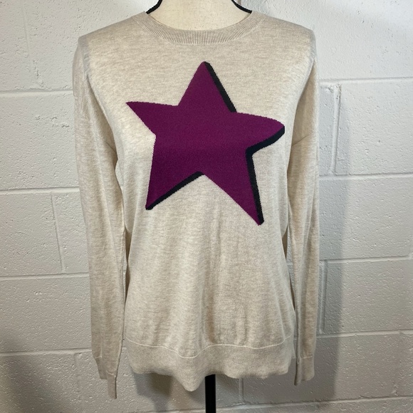 Halogen Star Print Zip back Cream Crewneck Sweater Knit Pullover Jumper - Picture 3 of 11